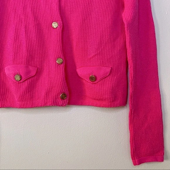 Y2K Lily Pulitzer Long Sleeve Pink Cardigan Waffle Knit Sweater Size Small - Picture 6 of 9